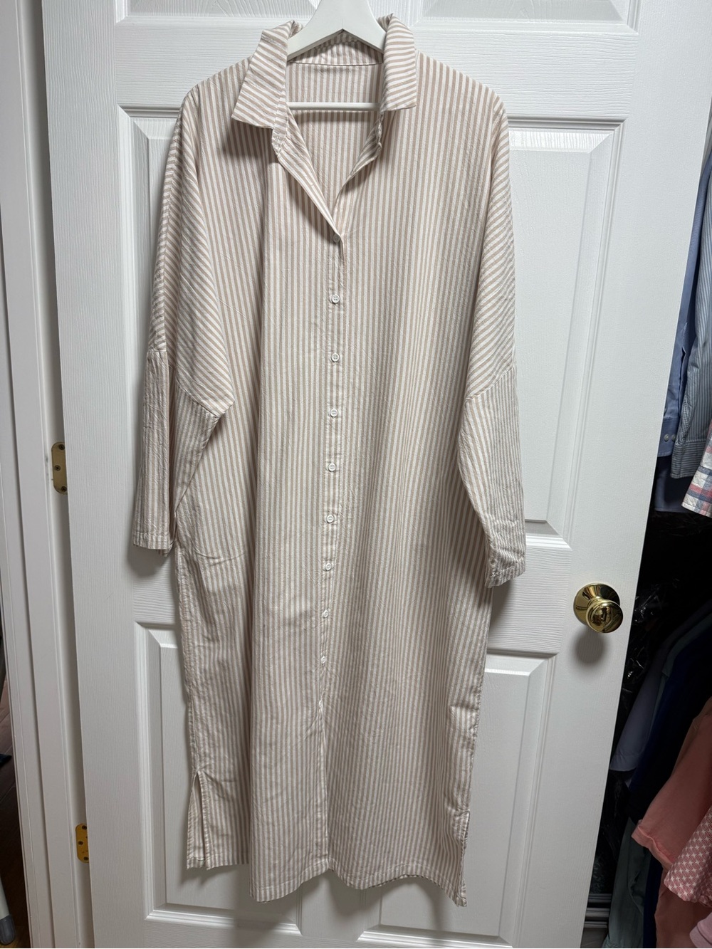 Beige & White Striped Button-Up Shirt Dress